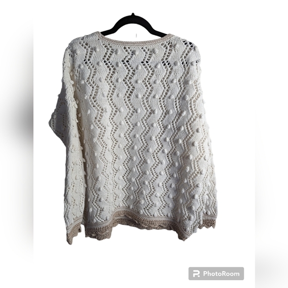 😃Express vintage bobble handknits cotton v neck sweater ivory tan sz L - Picture 2 of 6